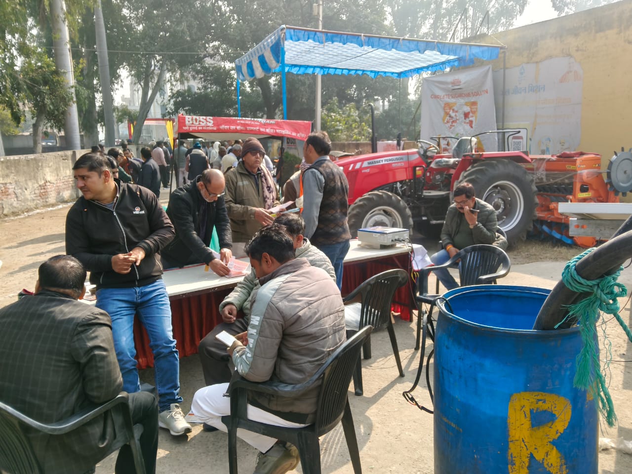 Farmers gathered at agricultural training campus entrance, Bulandshahr