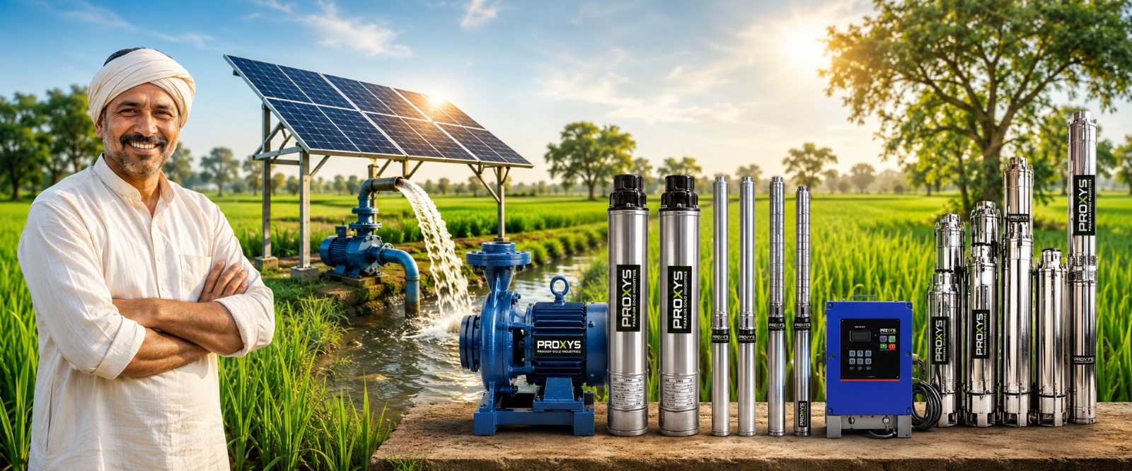 Farmer with Proxys solar submersible pump range in an irrigated field
